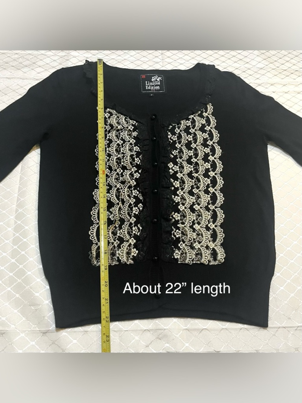 Y2K FOX Black & Gold Floral Frill Ruffle Lace Button Cardigan Limited Edition - Picture 7 of 14